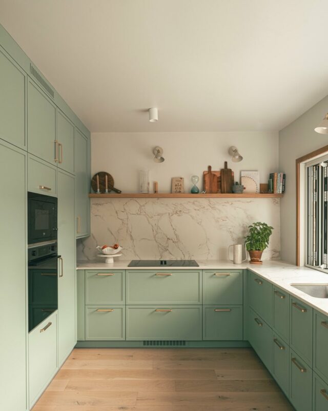 Hand painted slimline shaker kitchen in Little Green Aquamarine Deep colour with brass handles.  20mm Dekton Entzo worktop with undercounted Blanco Supra 500 u sink, all recently supplied and fitted in Dublin. #dektonbycosentino #handpaintedkitchen #bespokekitchen #shakerkitchen #kitchendesign #kitchendecor #homeimprovementprojects #blanco #paintedkitchencabinets #paintedkitchen